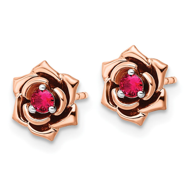 14k Yellow Gold Two-tone White & Rose Ruby Flower Post Earrings