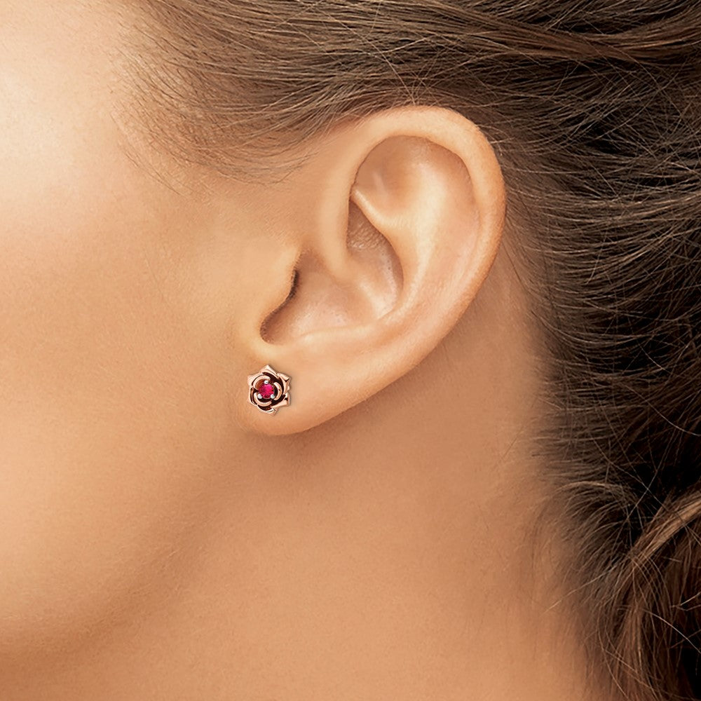 14k Yellow Gold Two-tone White & Rose Ruby Flower Post Earrings