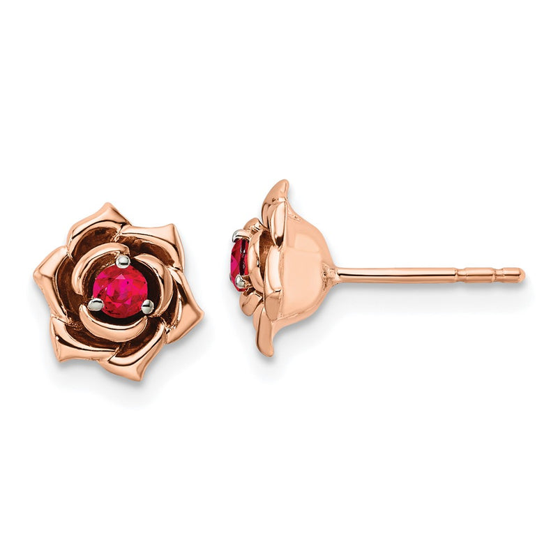 14k Yellow Gold Two-tone White & Rose Ruby Flower Post Earrings