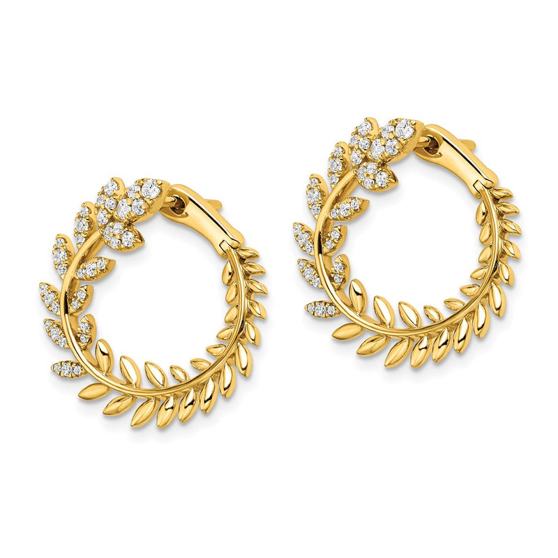 14k Yellow Gold Polished Real Diamond Leaf Design Hoop Earrings