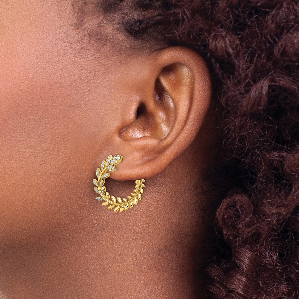 14k Yellow Gold Polished Real Diamond Leaf Design Hoop Earrings