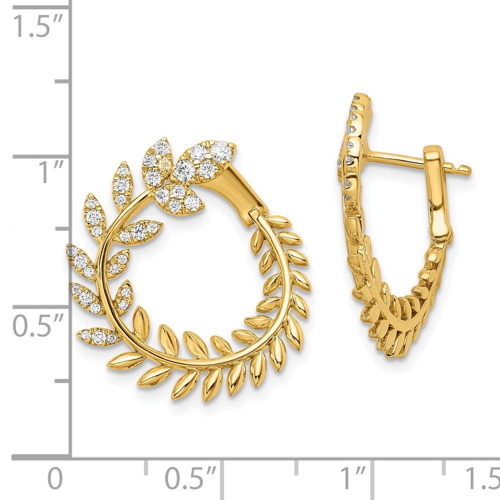 14k Yellow Gold Polished Real Diamond Leaf Design Hoop Earrings