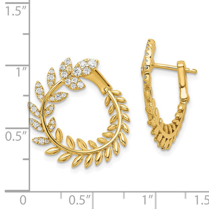 14k Yellow Gold Polished Real Diamond Leaf Design Hoop Earrings