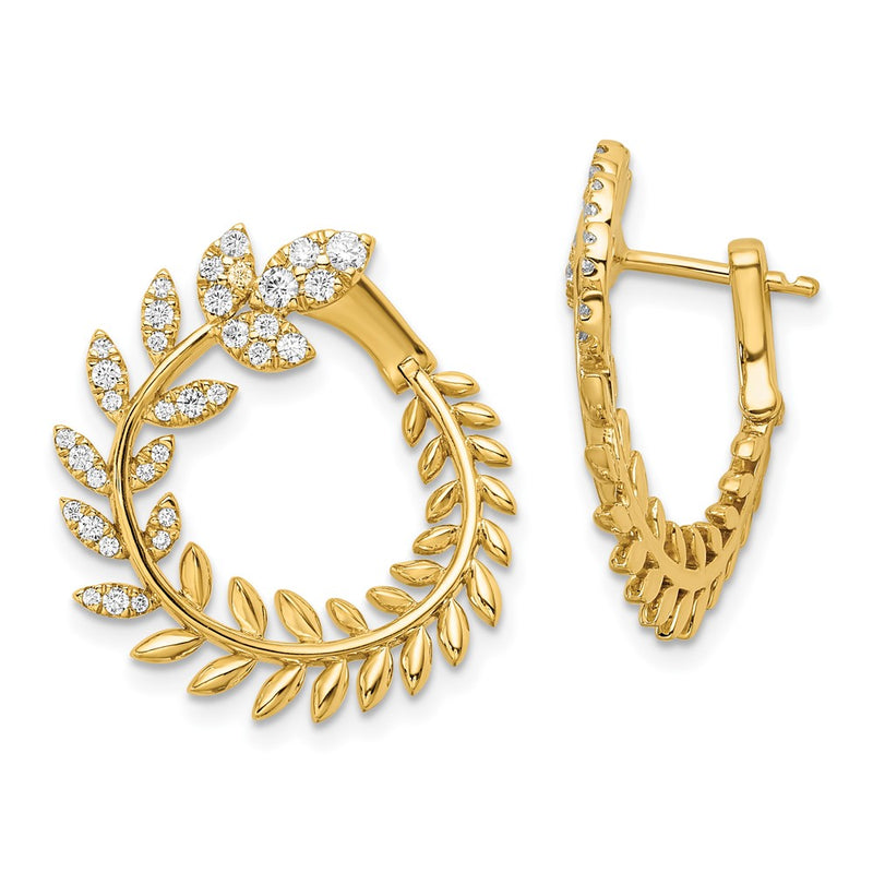14k Yellow Gold Polished Real Diamond Leaf Design Hoop Earrings