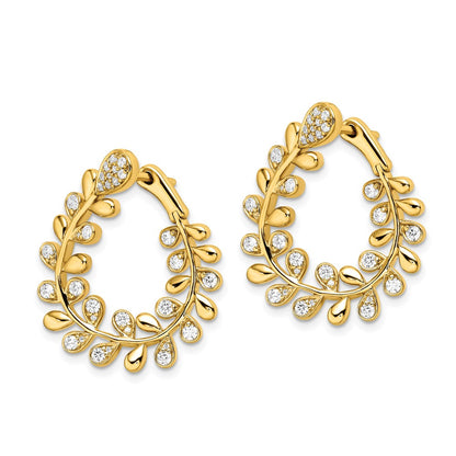 14k Yellow Gold Polished Real Diamond Leaf Design Hoop Earrings
