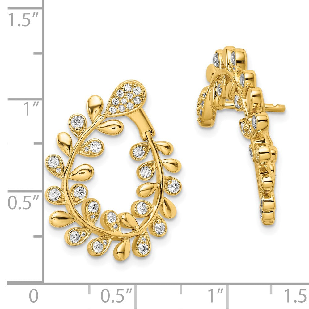 14k Yellow Gold Polished Real Diamond Leaf Design Hoop Earrings