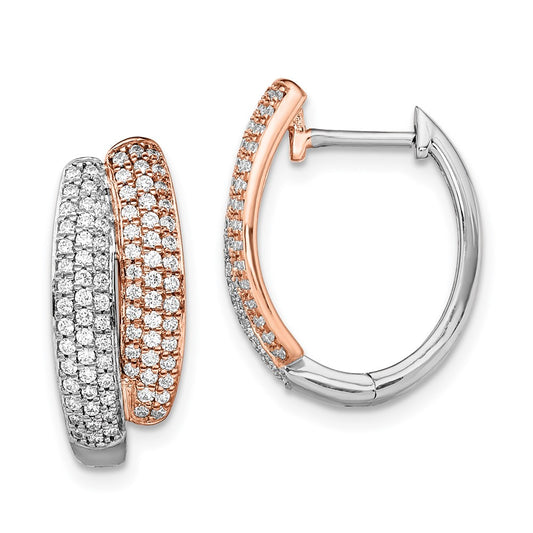 14k Yellow Gold Two-tone White & Rose Pave Real Diamond Hinged Hoop Earrings