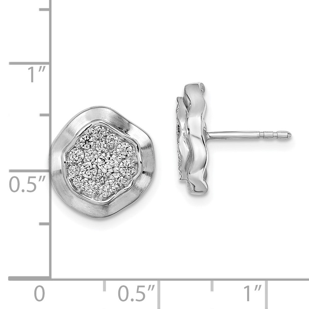 14k White Gold Polished Wavy Circle Real Diamond Post Earrings