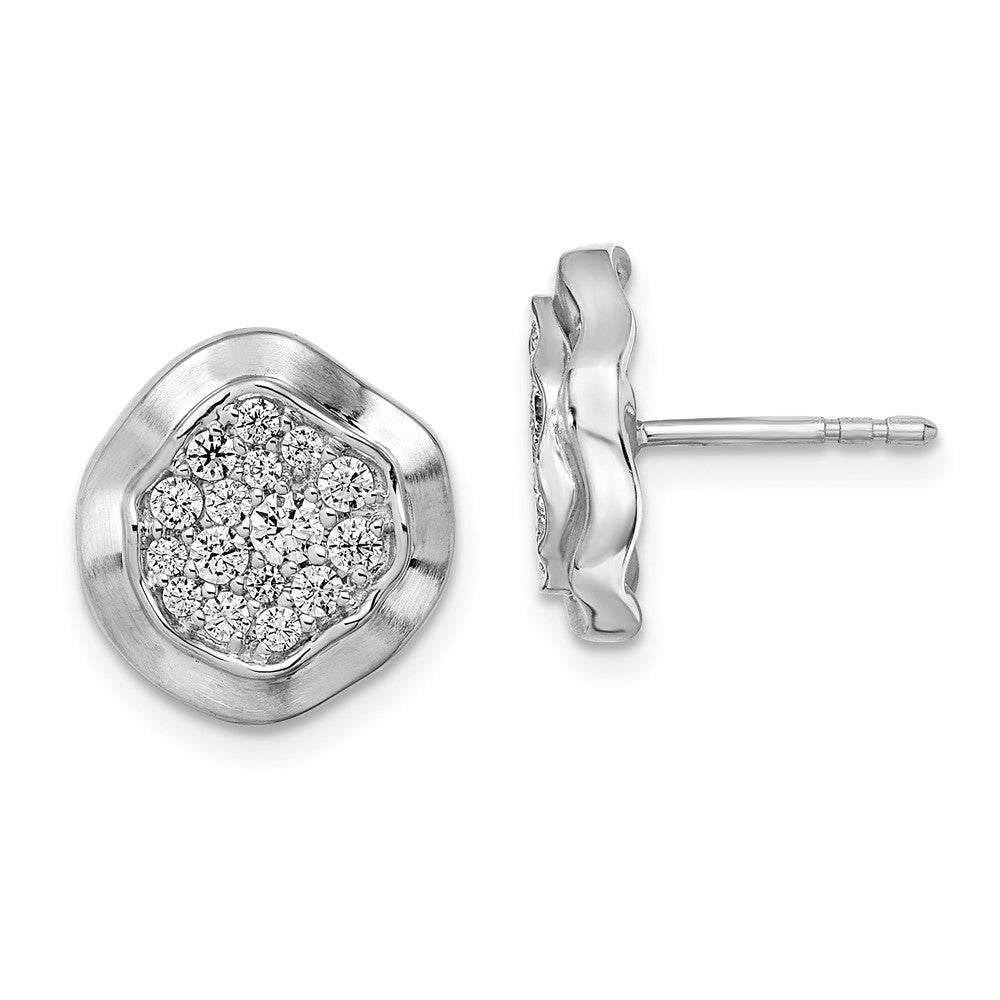 14k White Gold Polished Wavy Circle Real Diamond Post Earrings