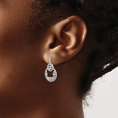 14k White Gold Polished Fancy Oval Dangle Real Diamond Post Earring