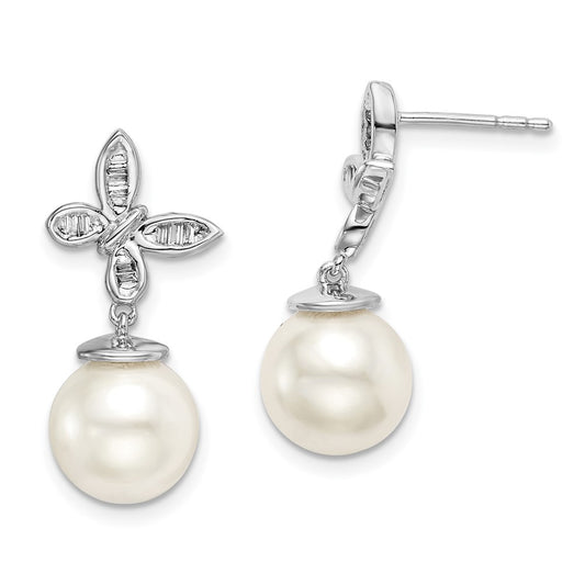 14k White FWC Pearl and Real Diamond Butterfly Post Earrings