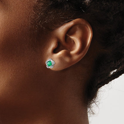 14k White Gold Emerald and Real Diamond Post Earrings