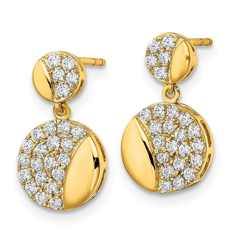14k Yellow Gold Polished Double Circle Real Diamond Dangle Post Earrings