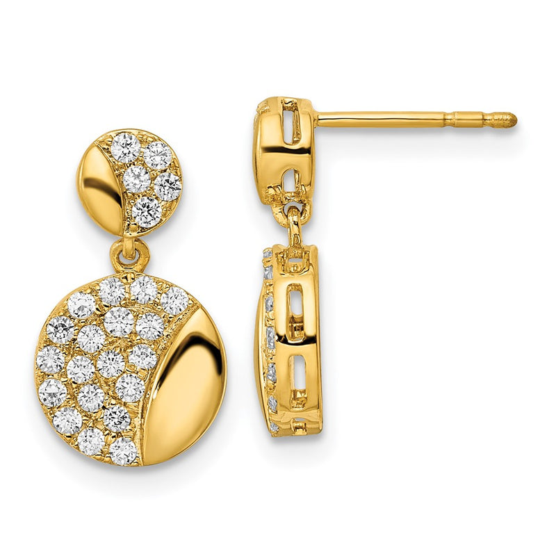 14k Yellow Gold Polished Double Circle Real Diamond Dangle Post Earrings