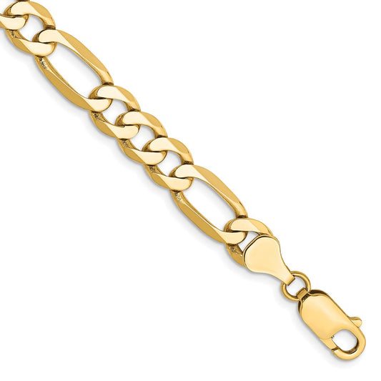Solid 14K Yellow Gold 9 inch 7mm Flat Figaro with Lobster Clasp Chain Bracelet