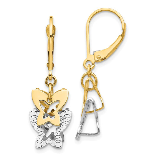 14k Two-tone Gold Diamond Cut Butterfly Leverback Earrings