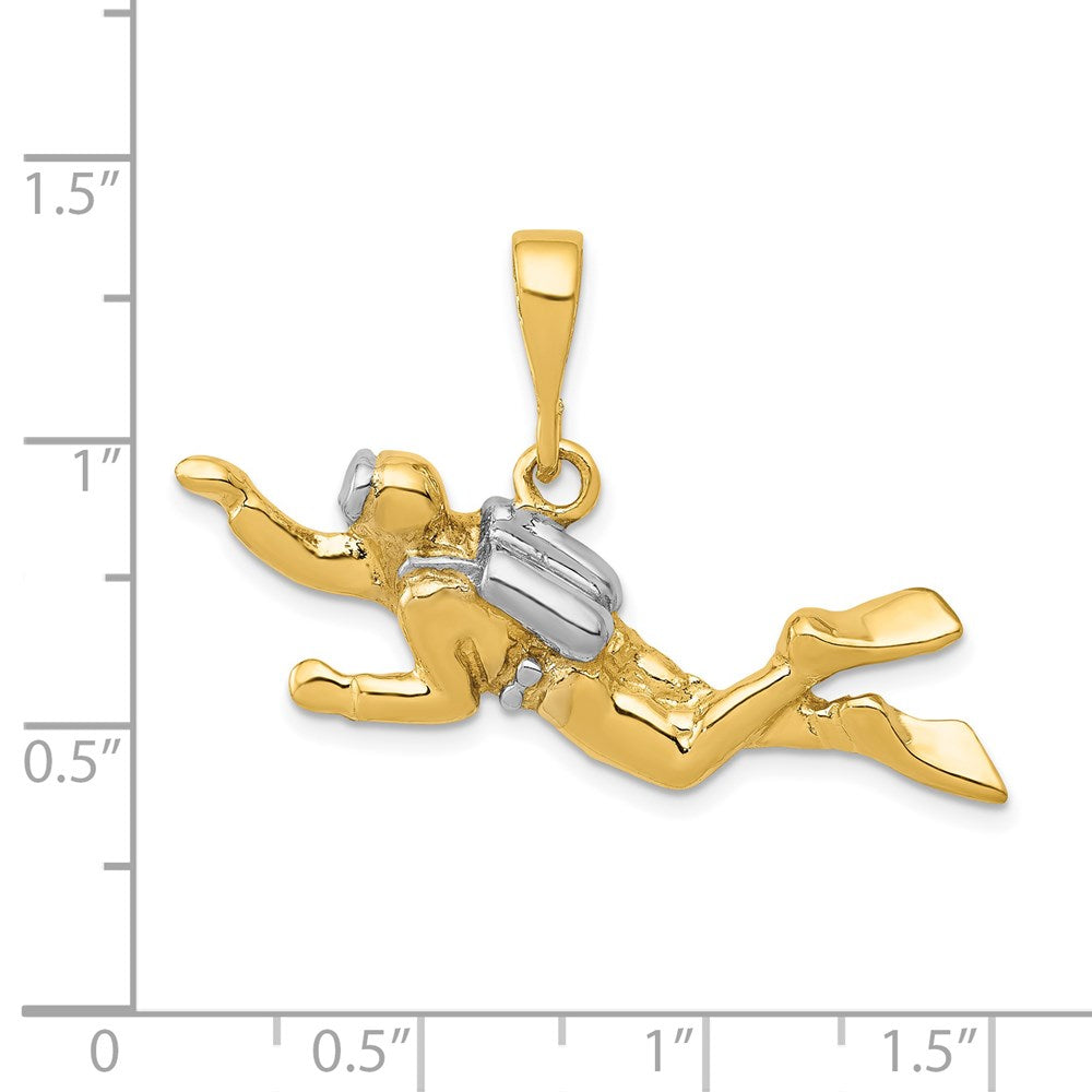 14k Yellow & Rhodium Gold w/Rhodium Polished Open-Backed Scuba Diver Pedant