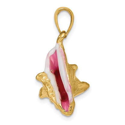 14k Yellow Gold Polished 3-D Pink and White Enameled Conch Shell Pendant