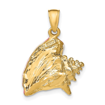 14k Yellow Gold Polished 3-D Pink and White Enameled Conch Shell Pendant