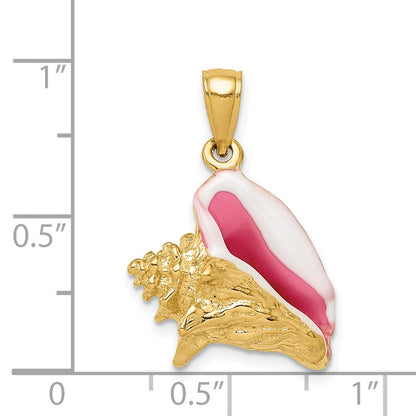 14k Yellow Gold Polished 3-D Pink and White Enameled Conch Shell Pendant