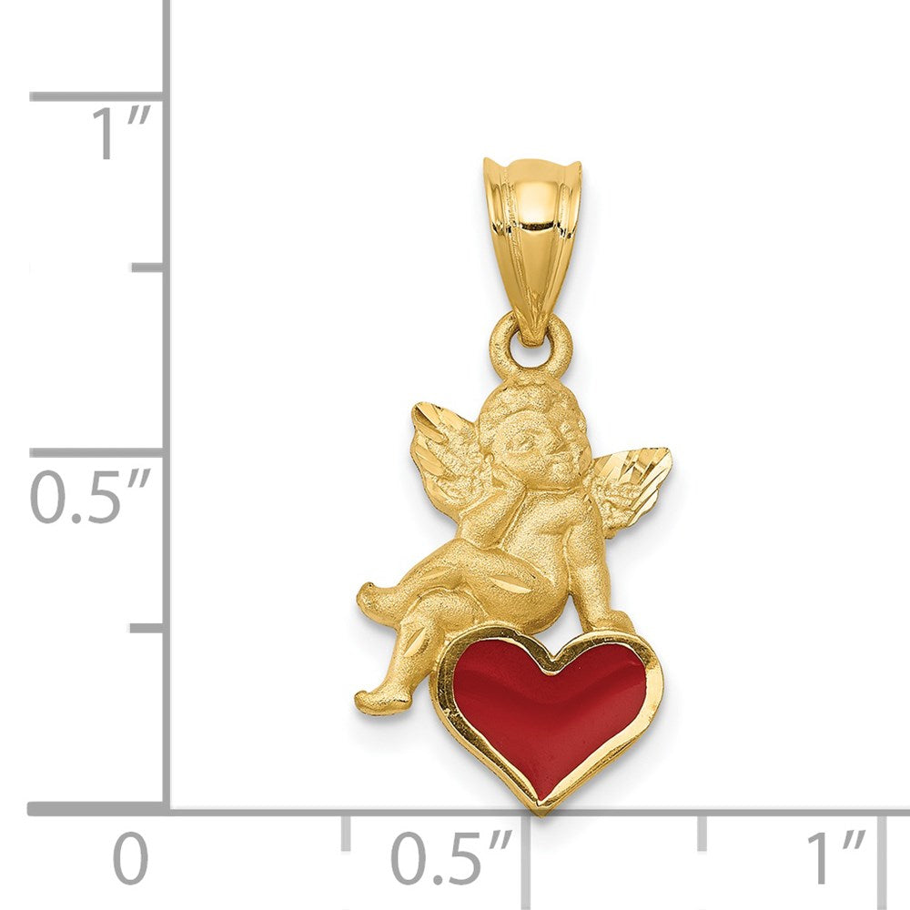 14k Yellow Gold Enameled Angel on Heart Pendant