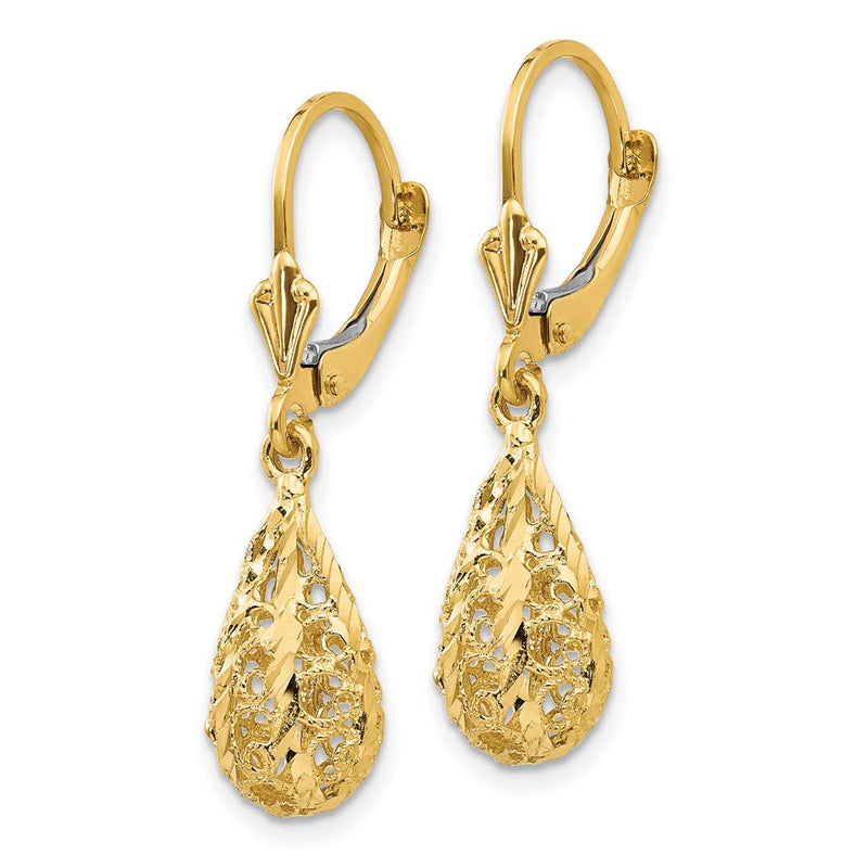 14k Yellow Gold Polished Diamond-Cut Filigree Dangle Leverback Earrings