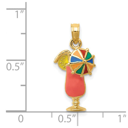 14k Yellow Gold Pink Enameled Tropical Drink Pendant