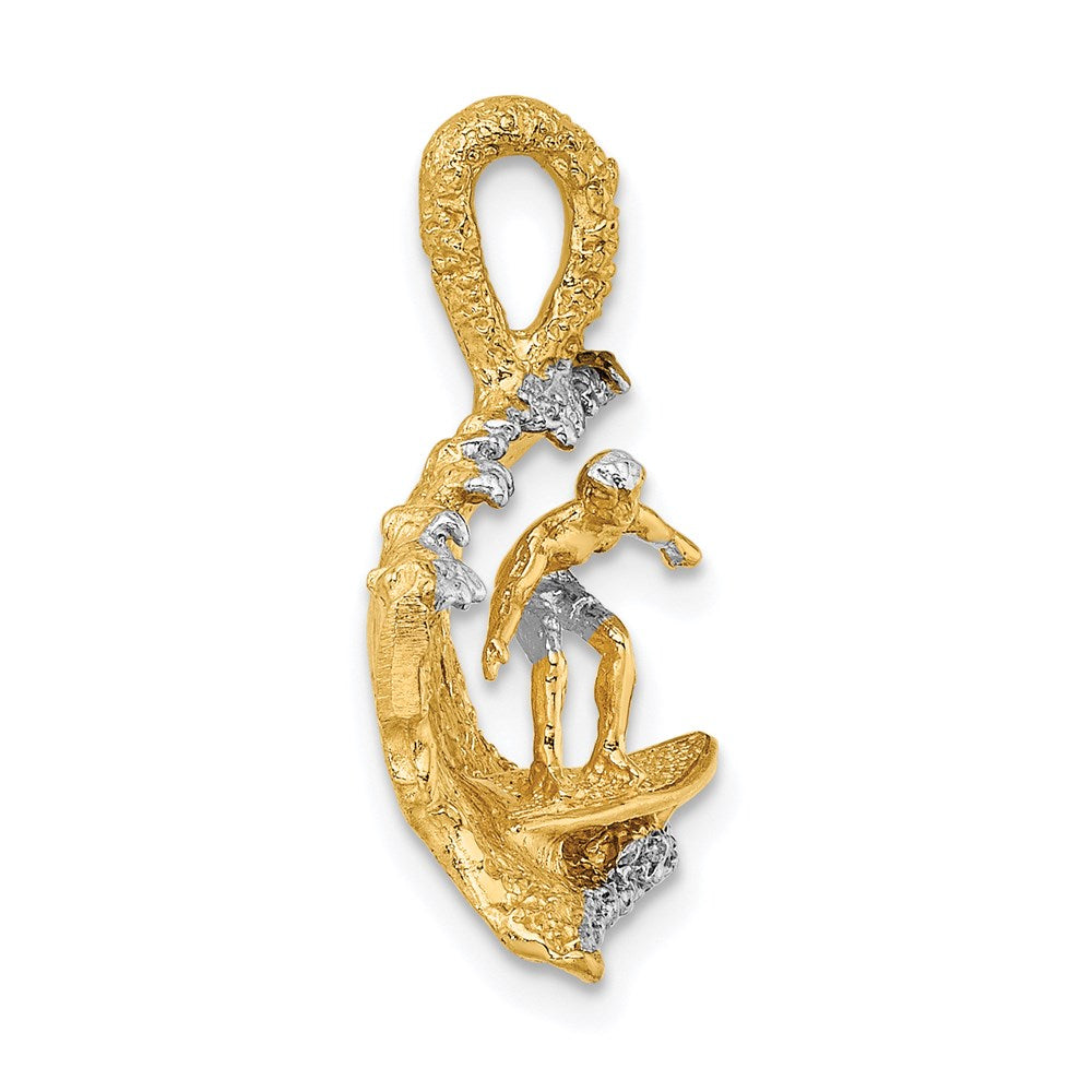 14k Yellow & Rhodium Gold & Rhodium 3-D Surfer In Wave Charm