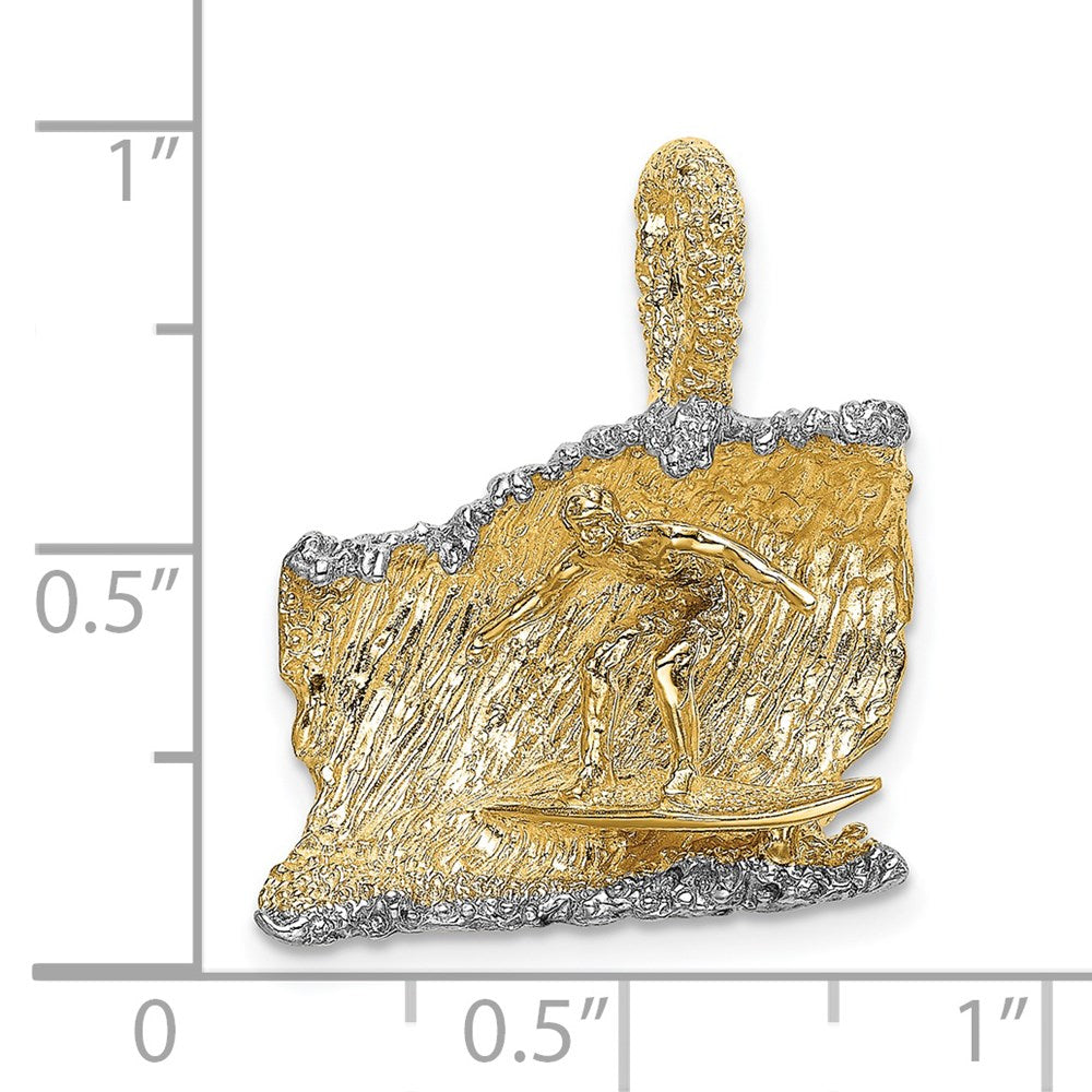 14k Yellow & Rhodium Gold & Rhodium 3-D Surfer In Wave Charm