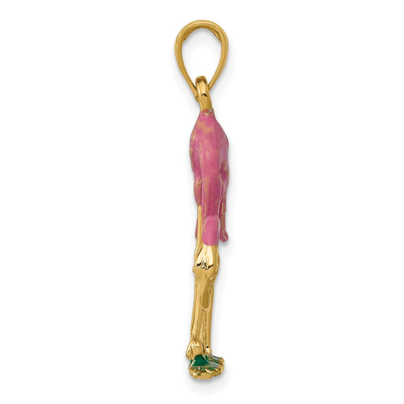 14k Yellow Gold Enameled 3-D Pink Flamingo Pendant