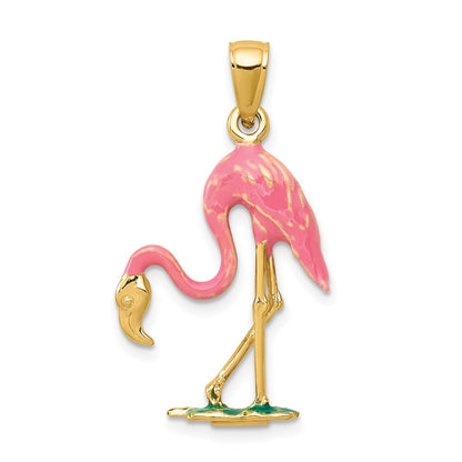 14k Yellow Gold Enameled 3-D Pink Flamingo Pendant