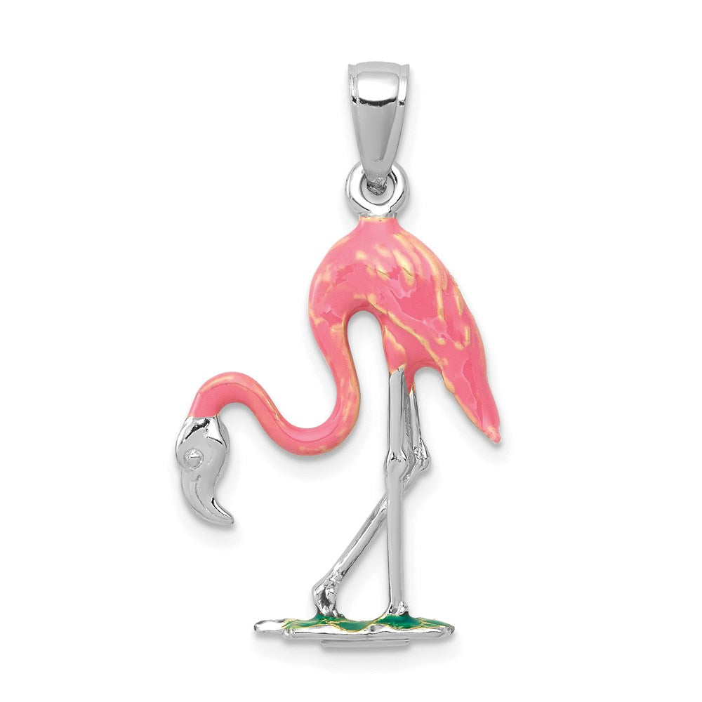 14k White Gold Enameled 3-D Pink Flamingo Pendant