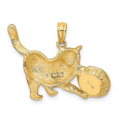 14k Yellow & Rhodium Gold Rhodium Cat Playing with Yarn in Basket Charm