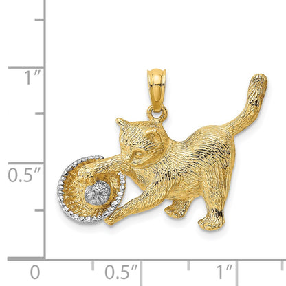 14k Yellow & Rhodium Gold Rhodium Cat Playing with Yarn in Basket Charm