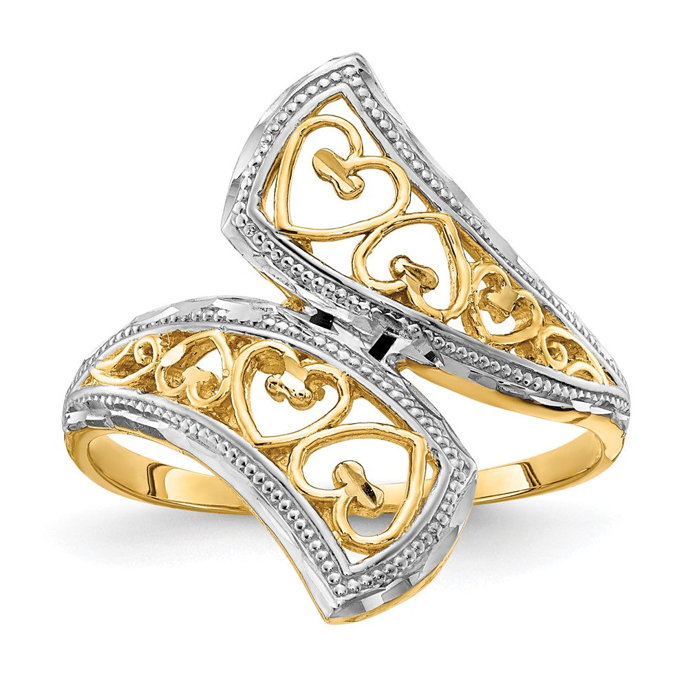 14k Yellow Gold w/Rhodium Diamond-Cut Heart Accent Bypass Ring