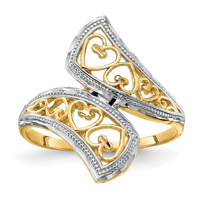 14k Yellow Gold w/Rhodium Diamond-Cut Heart Accent Bypass Ring