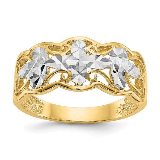 14K Yellow Gold Rhodium Diamond-cut Wave Ring