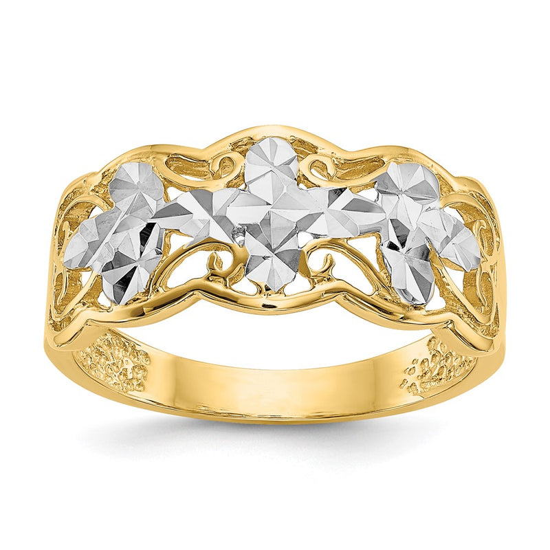 14K Yellow Gold Rhodium Diamond-cut Wave Ring