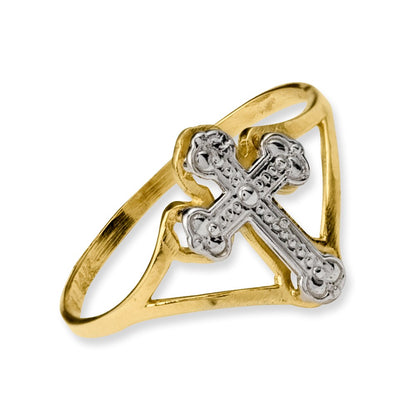 14k Yellow Gold w/Rhodium Cross Ring