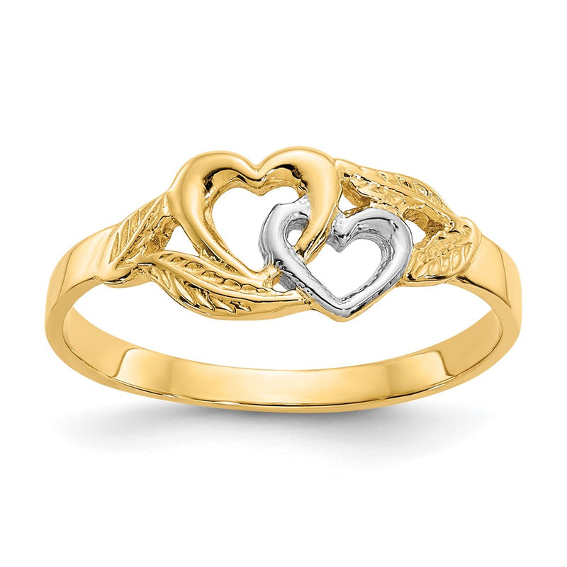 14k Yellow Gold and White Rhodium Polished 2 Hearts Ring