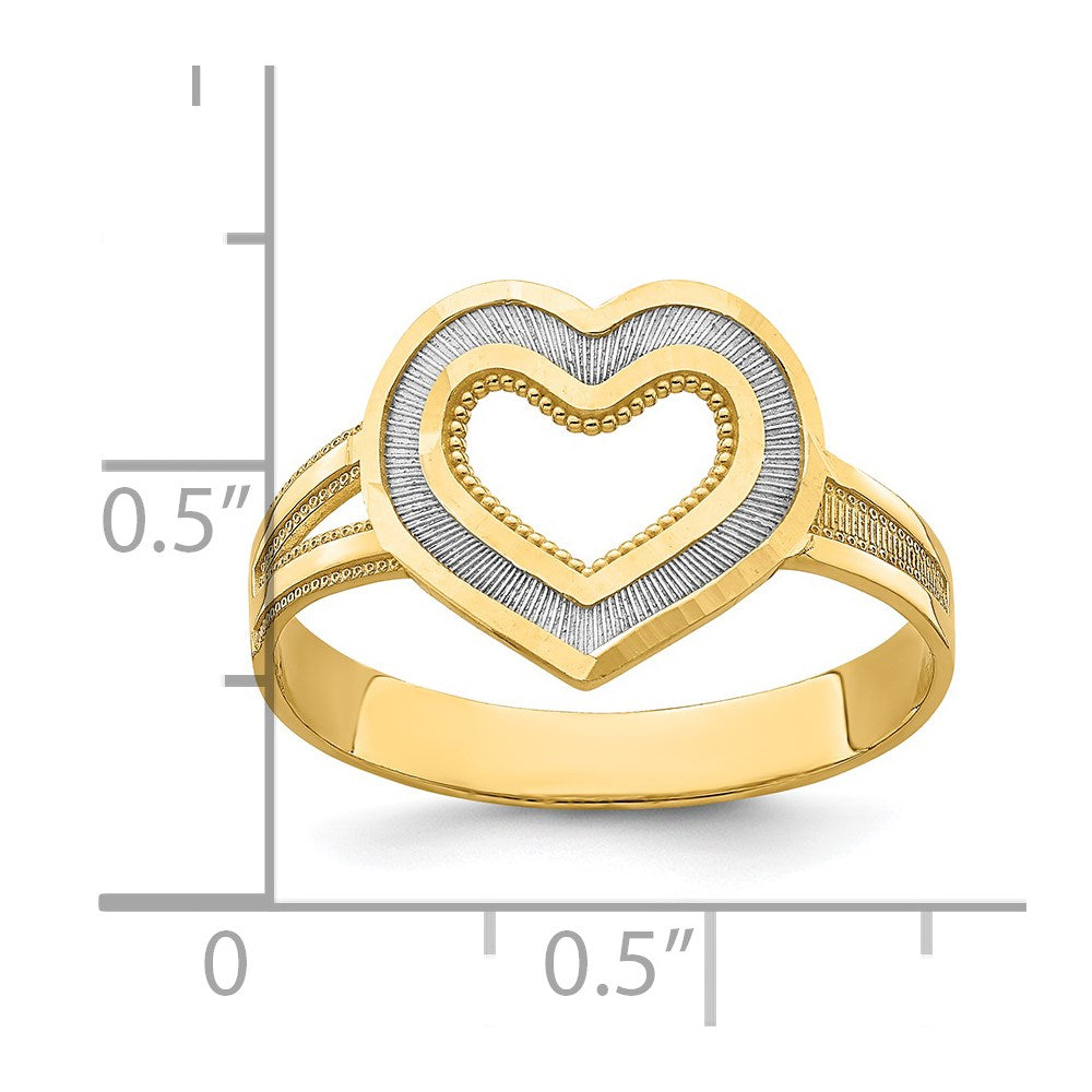 14k Yellow Gold and Rhodium Diamond-cut Heart Ring