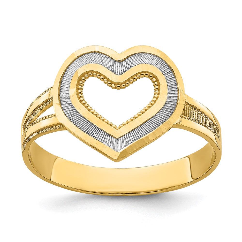 14k Yellow Gold and Rhodium Diamond-cut Heart Ring