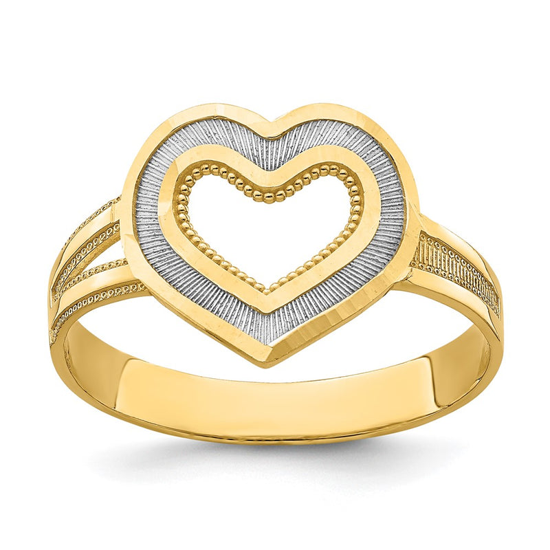 14k Yellow Gold and Rhodium Diamond-cut Heart Ring