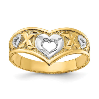 14k Yellow Gold and White Rhodium Polished Heart and X Ring