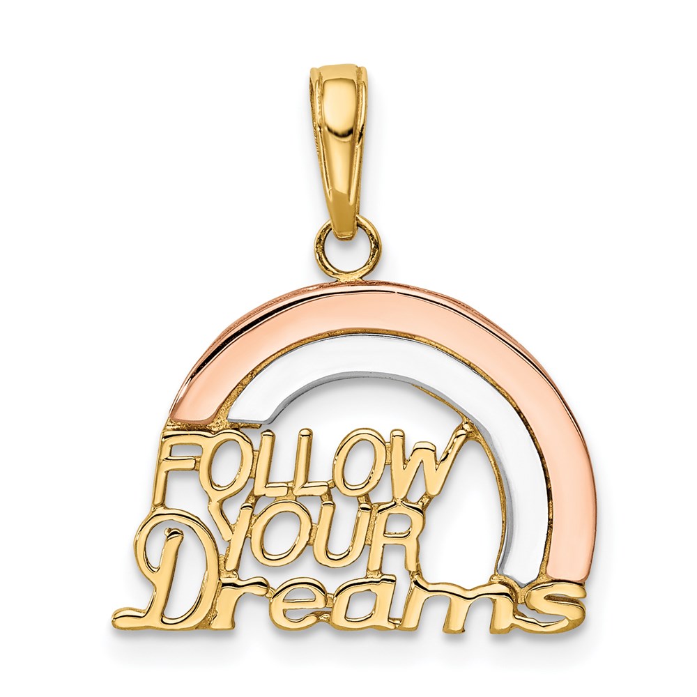 14k Two-tone Gold w/White Rhod FOLLOW YOUR DREAMS Rainbow Charm