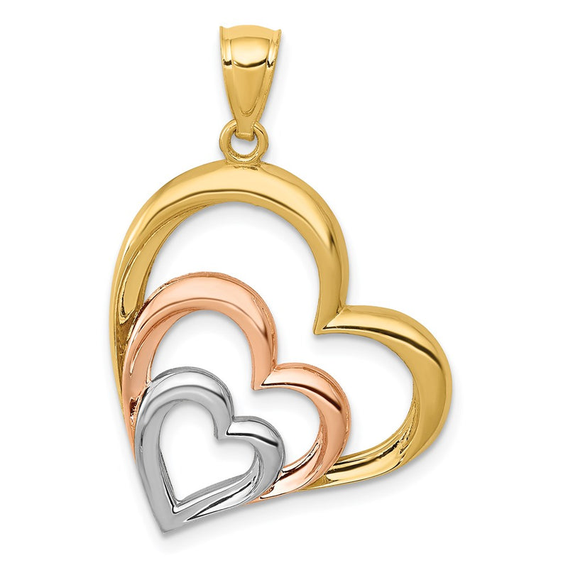14k Two-tone Gold and White Rhodium Polished 3 Hearts Pendant