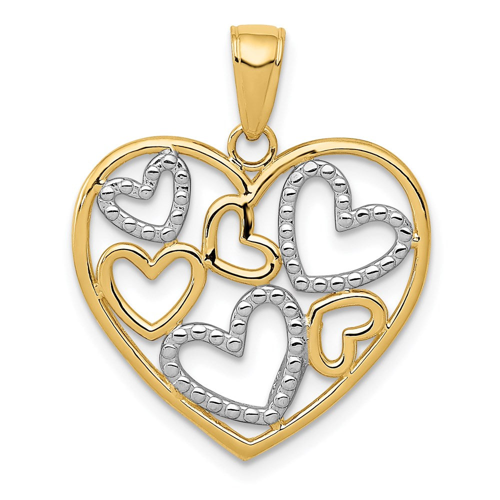 14k Yellow & Rhodium Gold and White Rhodium Polished Hearts inside Heart Pendant