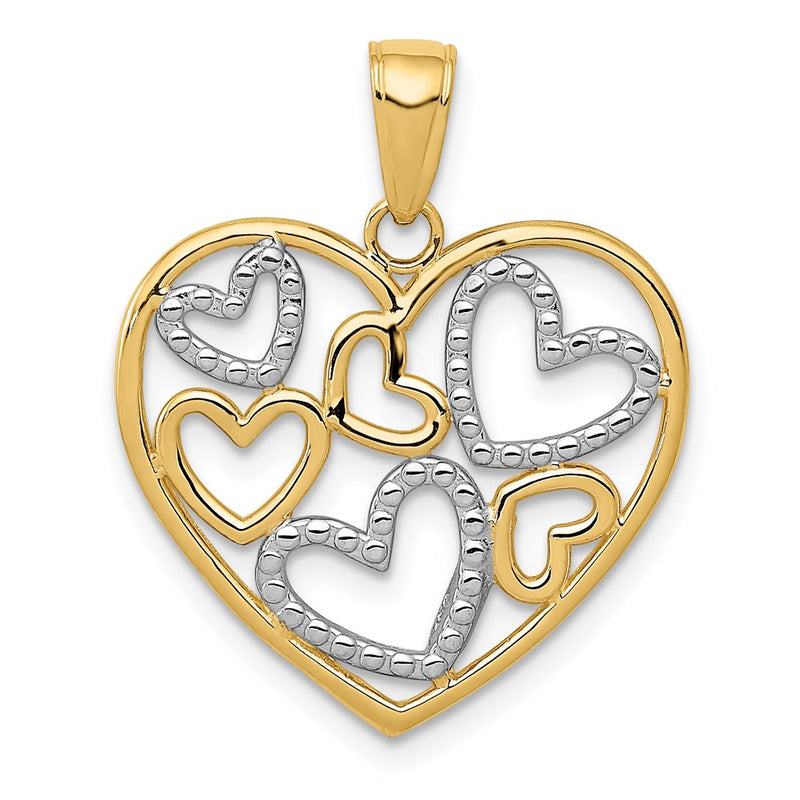 14k Yellow & Rhodium Gold and White Rhodium Polished Hearts inside Heart Pendant