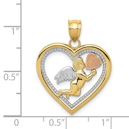 14k Tri-Color Two-tone Gold w/White Rhodium Angel Heart Pendant