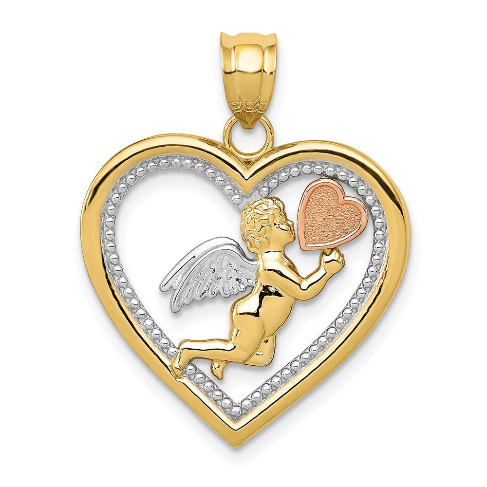 14k Tri-Color Two-tone Gold w/White Rhodium Angel Heart Pendant